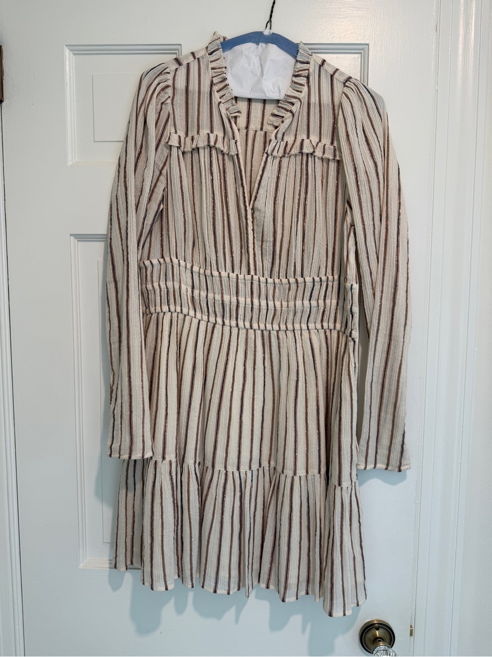 Ulla Johnson Cream and Brown Striped Long-Sleeve Tiered Dress